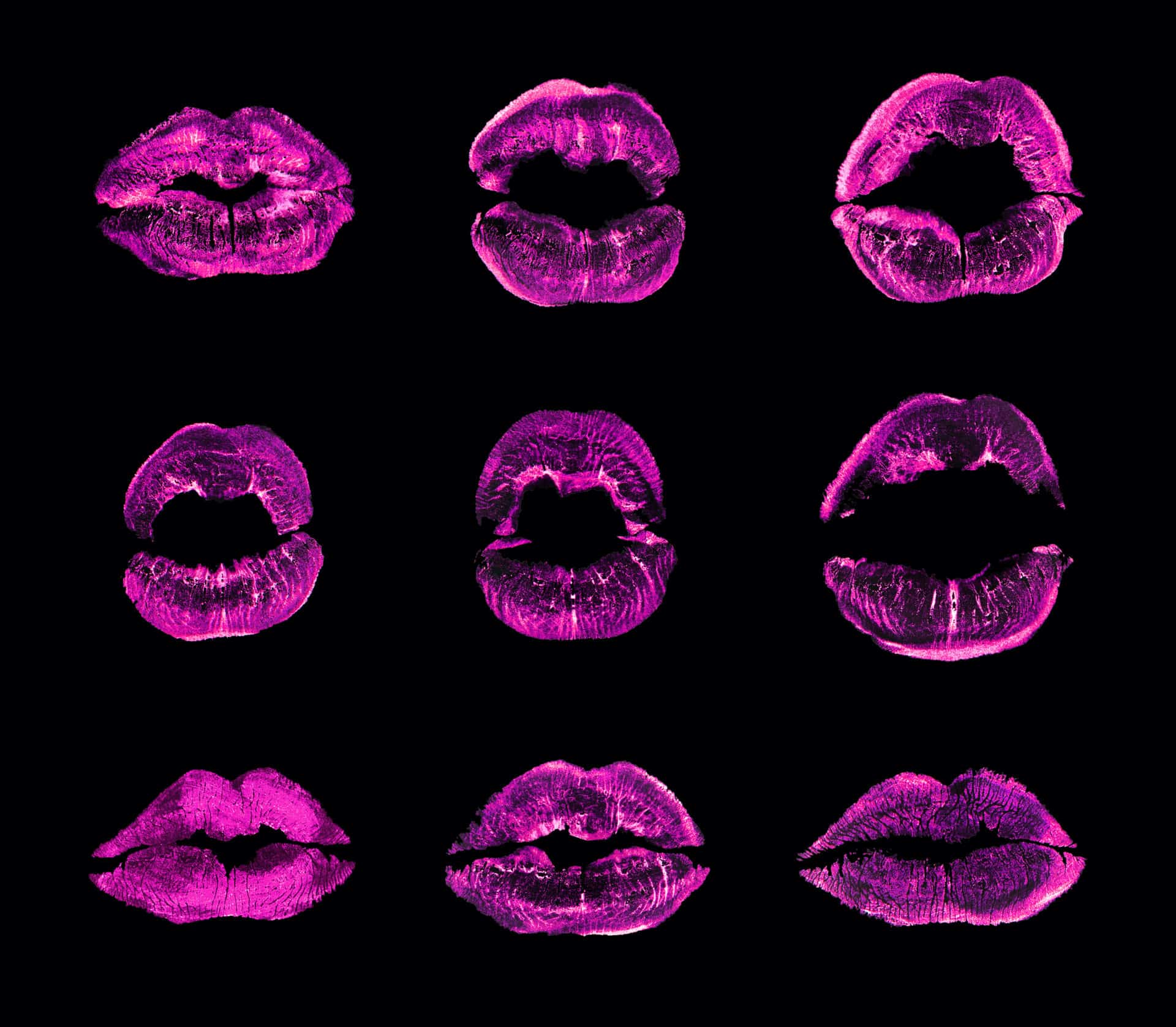 Pink lipstick kiss print set black background isolated closeup, neon purple sexy lips mark makeup collection, red female kisses imprint, beauty make up wallpaper, fashion banner, love &amp; passion symbol