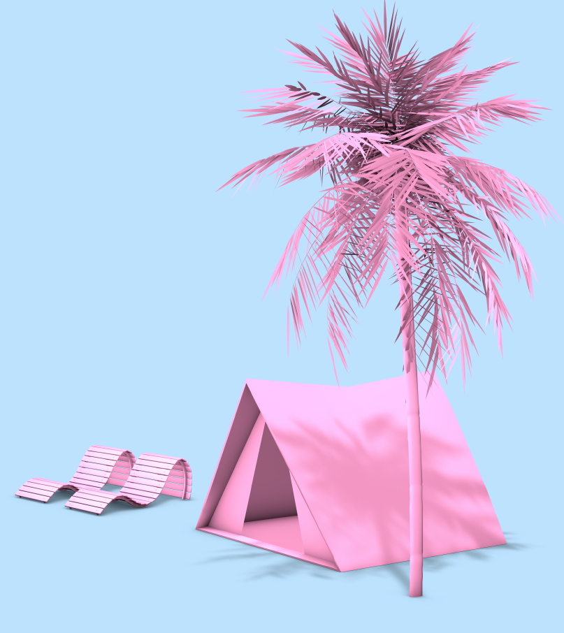 pale blue background with baby pink palm tree, tent, and lounge chairs
