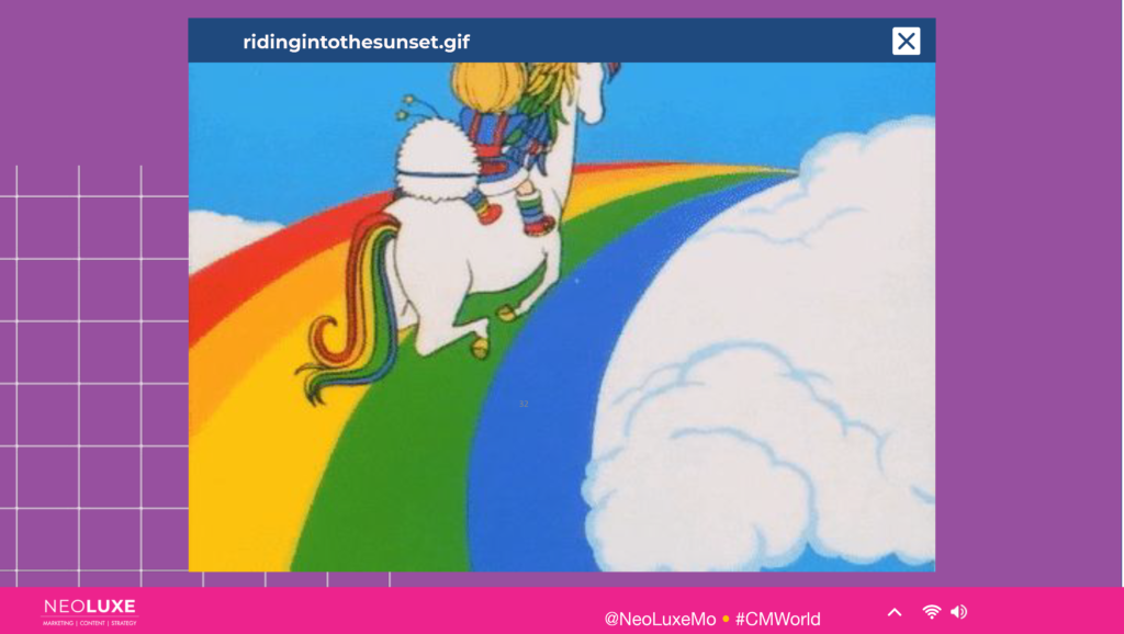 Rainbow Brite riding a horse over the rainbow
