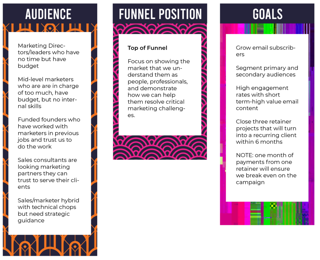three tables labeled audience, funnel position, goals