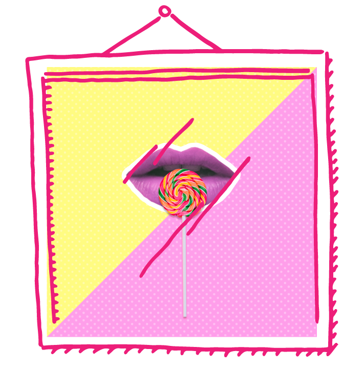 Lips with a lollipop and a pink and yellow background with a hand drawn frame.