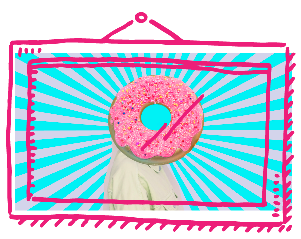 person with a donut head, blue and pink sunburst background and hot pink hand drawn frame